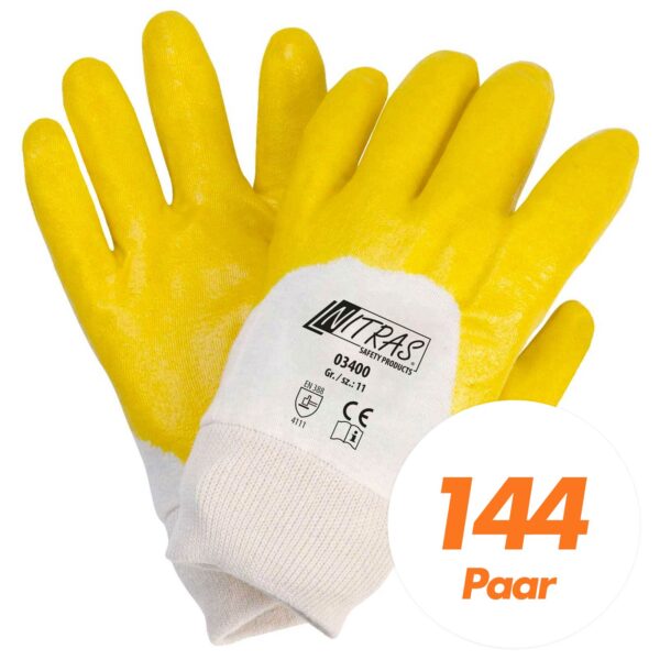 NITRAS 03400 Nitrilhandschuhe mit Strickbund gelb - teilbeschichtet auf Baumwoll-Trikot Handschuh - VPE 144 Paar – Bild 2