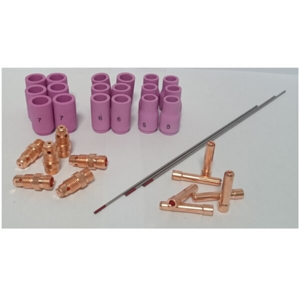 WIG Verschleißteileset Zubehörset 40-tlg. SR17/26 für Durchmesser Ø 1,6mm inkl. WC20 Grau Wolframelektroden, Keramik-Gasdüsen, Spannhülsen- und Gehäuse – Bild 2