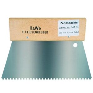 HaWe Zahnspachtel mit breitem Holzgriff und Aufhängeloch - 200 mm Breit, verschiedene Zahnungen