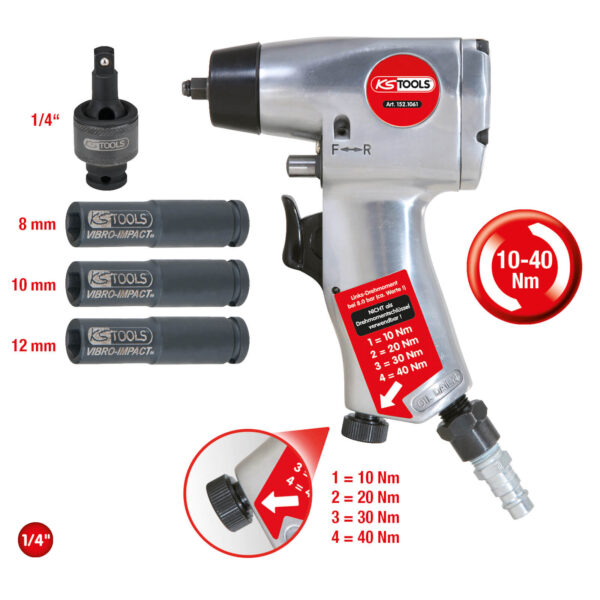 KS Tools Glühkerzen-Druckluft-Vibrationsschrauber Satz 152.1060, 40 Nm, 1/4 Zoll inkl. 3x Schlagschraubernuss + Kardangelenk – Bild 2