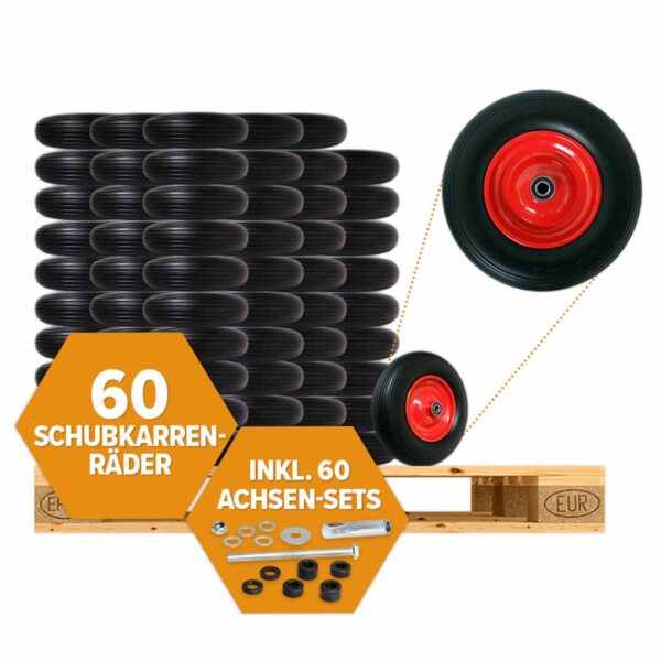 60 Stück FRONTTOOL Schubkarrenrad pannensicher inkl. Universal Achsen-Set, Vollgummi-Reifen 400 mm mit Präzisions-Kugellager, Universal Schubkarren-Reifen PU auf Stahlfelge mit 150 kg Traglast – Bild 2