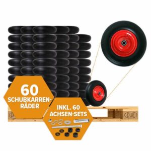60 Stück FRONTTOOL Schubkarrenrad pannensicher inkl. Universal Achsen-Set, Vollgummi-Reifen 400 mm mit Präzisions-Kugellager, Universal Schubkarren-Reifen PU auf Stahlfelge mit 150 kg Traglast