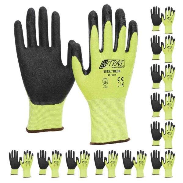 NITRAS 3515 Neon Strickhandschuh mit gesandeter Nitrilbeschichtung neongelb. Bauhandschuh, VPE 12 Paar – Bild 2