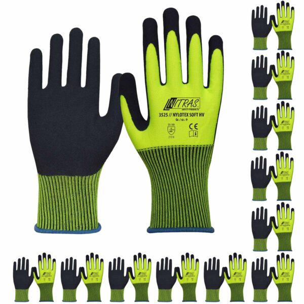 Nitras Schutzhandschuhe Nylotex Soft HV 3525 12 Paar - Gartenhandschuh, Bauhandschuh, Signalfarbe, weich, rutschfest, Latex – Bild 2