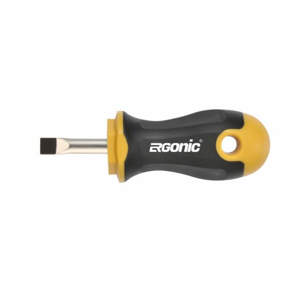 felo Schraubendreher Ergonic 400 Stubby Schlitz 5,5 - Black-Tip, weniger Kraftaufwand, Abrollschutz, Made in Germany – Bild 2
