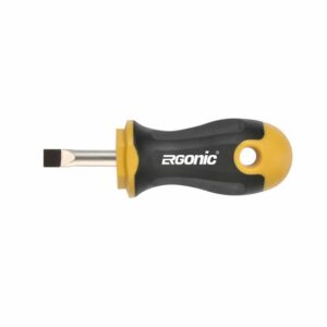 felo Schraubendreher Ergonic 400 Stubby Schlitz 5,5 - Black-Tip, weniger Kraftaufwand, Abrollschutz, Made in Germany