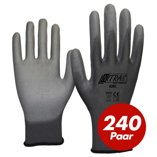 Nitras 6205 Nylon Strickhandschuh grau - VPE 240 Paar - mit PU-Beschichtung auf Innenhand und Fingerkuppen – Bild 2