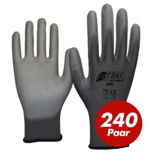 Nitras 6205 Nylon Strickhandschuh grau - VPE 240 Paar - mit PU-Beschichtung auf Innenhand und Fingerkuppen
