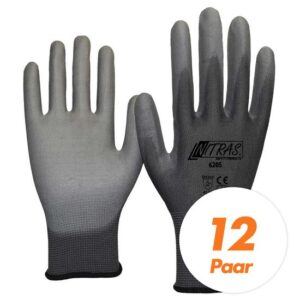 Nitras 6205 Nylon Strickhandschuh grau - VPE 12 Paar - mit PU-Beschichtung auf Innenhand und Fingerkuppen