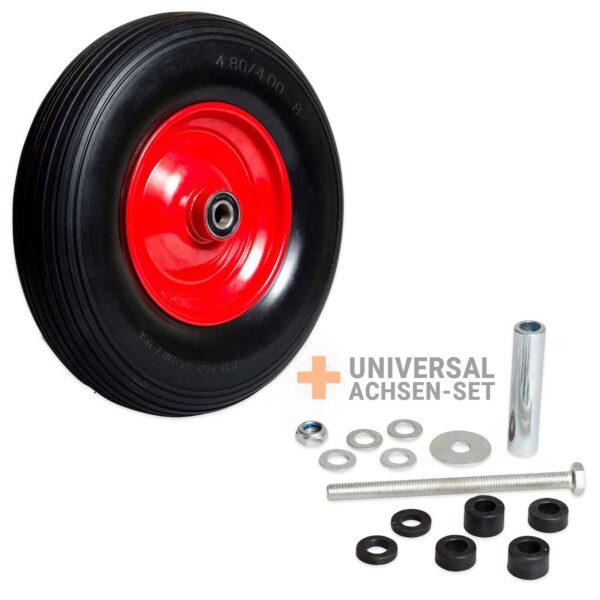 FRONTTOOL Schubkarrenrad pannensicher inkl. Universal Achsen-Set, Vollgummi-Reifen 400 mm mit Präzisions-Kugellager auf Stahlfelge mit 150 kg Traglast – Bild 2
