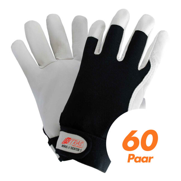 NITRAS Dexter 1 Mechanikerhandschuhe 8905 - Nappaleder - schwarz-weiß, ungefüttert, atmungsaktiv, mit Klettverschluss - 60 Paar – Bild 2