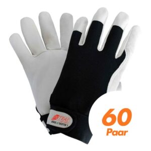 NITRAS Dexter 1 Mechanikerhandschuhe 8905 - Nappaleder - schwarz-weiß, ungefüttert, atmungsaktiv, mit Klettverschluss - 60 Paar