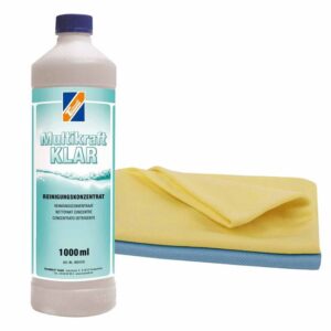 TECHNOLIT Multikraft KLAR Glasreiniger alkalisch 1 Liter inkl. 2 Glaspoliertücher, Microfasertuch, Glanzreiniger, Insektenentferner