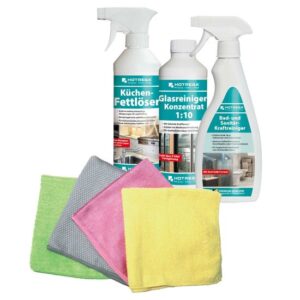 HOTREGA Haushalts-Reinigungs Set - inklusive Küchen-Fettlöser, Glasreiniger, Bad- und Sanitär-Reiniger + Spontex 4x Mikrofaser-Tücher