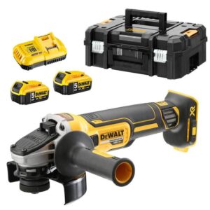 DeWALT Akku-Winkelschleifer DCG405P2-QW 18 Volt 5,0 Ah bürstenlos - inkl. Akkus, Ladegerät, Zubehör und T STAK Box II - max. Scheiben-Durchmesser 125 mm