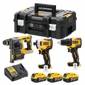 Dewalt Akku-Kombopack DCK377P3T-QW 18 V, Bohrschrauber, Schlagschrauber, Kombihammer SDS-plus, 3 Akkus 5 Ah, Ladegerät, 2 Stück TSTAK-Box II