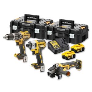 DeWALT Akku-Kombopack DCK384P2T-QW 18V 5Ah - DCD796 Schlagbohrschrauber, DCF887 Schlagschrauber, DCG405 Winkelschleifer, Schnellladegerät, 2x 5Ah Akku
