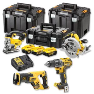 DeWALT Akku-Kombopack DCK421P3T-QW 18V 5Ah - DCD791 Bohrschrauber, DCS570 Handkreissäge, DCS331 Stichsäge, DCS367 Säbelsäge, Schnellladegerät, 3x 5Ah Akkus