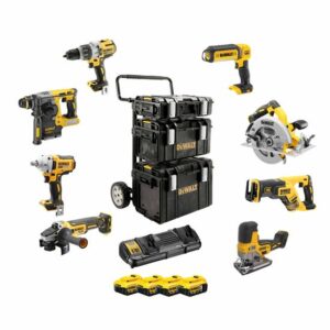 Dewalt Akku-Kombopack DCK856P4 18V, 3gang-Schlagbohrschrauber, Schlagschrauber, Kombihammer SDS-plus, Winkelschleifer 125mm, Säbelsäge, Stichsäge, Handkreissäge, LED-Leuchte + Zubehör
