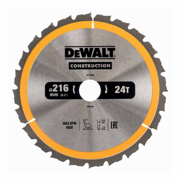 DeWALT Stationär-Kreissägeblatt DT1952-QZ 24WZ Ø 216mm - feine Schnitte und Querschnitte, für Hartholz, Sperrholz, Laminat – Bild 2