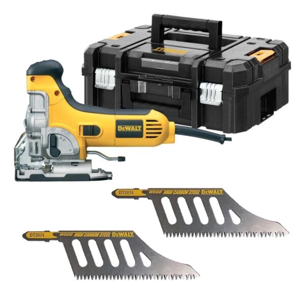 DeWALT Pendelhub-Stichsäge DW333KT-QS 701W, 26mm Hublänge -Set inkl. 2 x HCS Bündigschnitt-Sägeblätter DT2074 + Splitterschutz + Transportkoffer – Bild 2