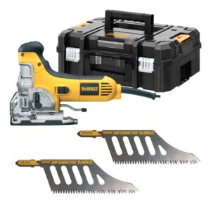 DeWALT Pendelhub-Stichsäge DW333KT-QS 701W, 26mm Hublänge -Set inkl. 2 x HCS Bündigschnitt-Sägeblätter DT2074 + Splitterschutz + Transportkoffer