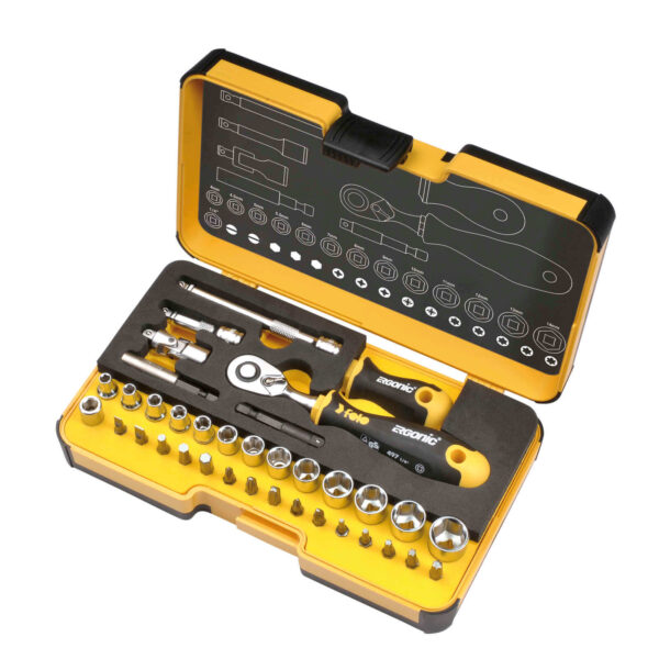 Felo Werkzeug-Set mit ERGONIC Ratsche 1/4 Zoll und ERGONIC Stubby 1/4 Zoll, ergonomischer Griff, präzise, langlebig, bis zu 100 Nm – Bild 2