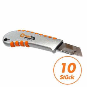 10 Stück FRONTTOOL Cuttermesser Alu Profi 18 mm aus schlagfestem Alu-Druckguss, Metallführung, ergonomischer Griff
