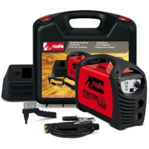 Telwin Force 145 Elektroden-Schweissgerät MMA mit Inverter-Technologie, Set inkl. Transportkoffer, Anschlussgarnitur, Massekabel, Handschild und Schlackehammer