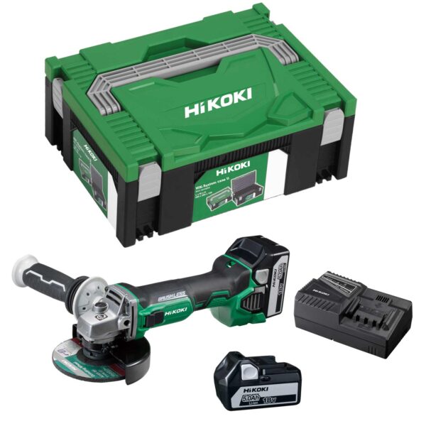 HiKOKI Akku-Winkelschleifer G18DBBLWQZ 18V, 2 Akkus 5Ah, Ladegerät, Antivibrations-Zusatzhandgriff, Spannflansch ,-mutter, Schlüssel, Schruppscheibe, HSC II Box SET – Bild 2