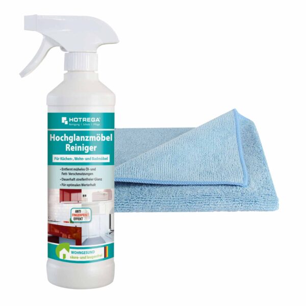 HOTREGA Hochglanzmöbel Reiniger 500 ml inkl. Microfasertuch, Möbelreiniger, streifenfrei, Anti-Fingerprint – Bild 2