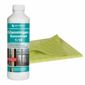 HOTREGA Glasreiniger Konzentrat 500ml inkl. Glaspoliertuch, Microfasertuch, Spiegelreiniger