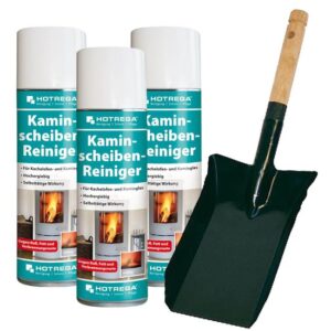 HOTREGA Kaminscheiben Reiniger 3 Stück entfernt mühelos Ruß von Kachelofen- und Kaminglas inkl. Kohlenschaufel