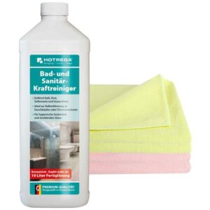 HOTREGA Bad und Sanitär Kraftreiniger Konzentrat 1 L inkl. 4 Microfasertücher - Badreiniger, Sanitärreiniger