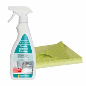 HOTREGA Duschkabinen Reiniger 500 ml inkl. Microfasertuch Micro Top, Glaspoliertuch Bamboo Clean, Glasreiniger, Keramik, Kunststoff