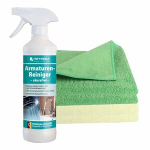 HOTREGA Armaturen-Reiniger säurefrei 500 ml inkl. 4 Microfasertücher Micro Star, Badreiniger, Küchenreiniger, Abperleffekt