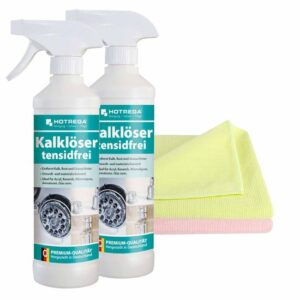 HOTREGA Kalklöser tensidfrei 2x 500 ml inkl. 2x Microfasertuch Micro Top, Entkalker, Badreiniger, Kalksteinentferner, Kalkreiniger
