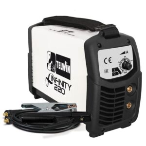 Telwin Elements INFINITY 220 Elektroden Schweißgerät und WIG Schweißgerät mit DC Gleichstrom 20 - 200 A, 230 V, Set inkl. Elektrodenhalter, Masseanschluss und Schlackehammer