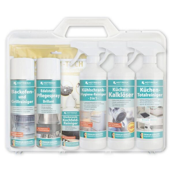 HOTREGA Küchen-Set Reinigung, Pflege, Desinfektion 10-teilig, Kochfeldreiniger, Backofenreiniger, Hygienereiniger, Allzweckreiniger, Edelstahlpflege, Microfasertuch – Bild 2