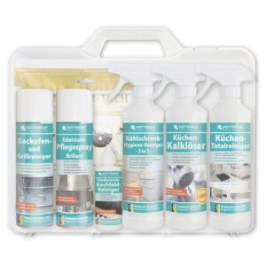 HOTREGA Küchen-Set Reinigung, Pflege, Desinfektion 10-teilig, Kochfeldreiniger, Backofenreiniger, Hygienereiniger, Allzweckreiniger, Edelstahlpflege, Microfasertuch