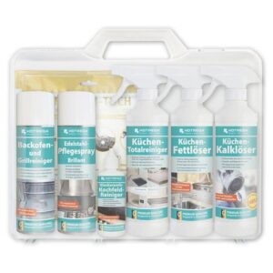 HOTREGA Küchen-Set Reinigung und Pflege 10-teilig, Kochfeldreiniger, Backofenreiniger, Allzweckreiniger, Edelstahlpflege, Microfasertuch
