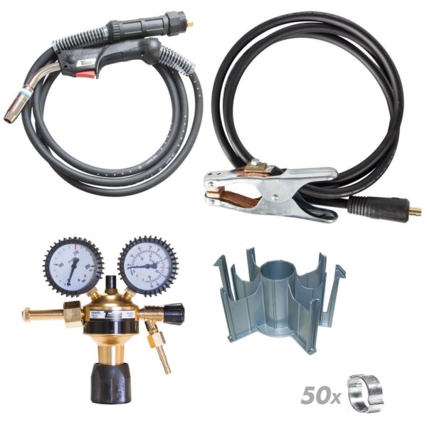 TECHNOLIT Schweißplatzausrüstung MIG MAG 250 A, Set inkl. 4 m Schlauchpaket, Masseanschlussgarnitur, Druckminderer, Adapter für Drahtspulen, Schweißschutzspray – Bild 2