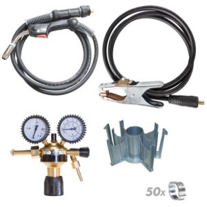 TECHNOLIT Schweißplatzausrüstung MIG MAG 250 A, Set inkl. 4 m Schlauchpaket, Masseanschlussgarnitur, Druckminderer, Adapter für Drahtspulen, Schweißschutzspray