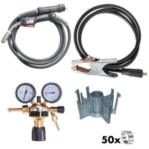 TECHNOLIT Schweißplatzausrüstung MIG MAG 250 A, Set inkl. 3 m Schlauchpaket, Masseanschlussgarnitur, Druckminderer, Adapter für Drahtspulen, Schweißschutzspray