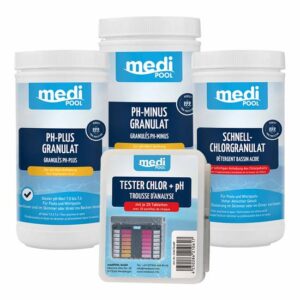 mediPOOL Wasserpflege Anti-Chlorgeruch inkl. Wassertester, pH-Minus Granulat, Schnell-Chlor Granulat