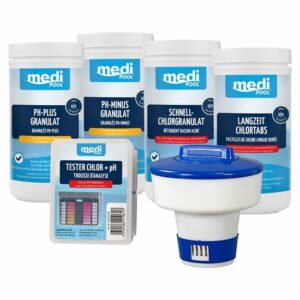 mediPOOL Wasserpflege pH-Wert Chlor XL inkl. Tester, pH-Minus, pH-Plus, Schnell-Chlor, Langzeit-Chlor, Schwimmdosierer
