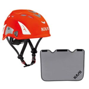 KASK Schutzhelm, Bergsteigerhelm, Industriekletterhelm Plasma HI VIZ Reflexstreifen, EN 397 + KASK Nackenschutz grau für BG Bau Förderung