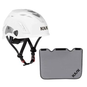KASK Schutzhelm, Bergsteigerhelm, Industriekletterhelm Plasma HI VIZ Reflexstreifen, EN 397 + KASK Nackenschutz grau für BG Bau Förderung