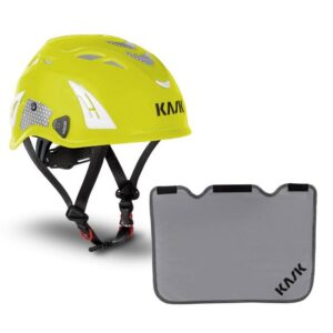 KASK Schutzhelm, Bergsteigerhelm, Industriekletterhelm Plasma HI VIZ Reflexstreifen, EN 397 + KASK Nackenschutz grau für BG Bau Förderung