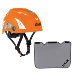 KASK Schutzhelm, Bergsteigerhelm, Industriekletterhelm Plasma HI VIZ Reflexstreifen, EN 397 + KASK Nackenschutz grau für BG Bau Förderung
